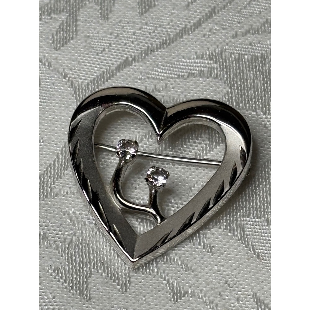 Vintage Aatlo Signed Sterling Silver Open Heart Brooch Pin, Diamond Cut Edge CZ
